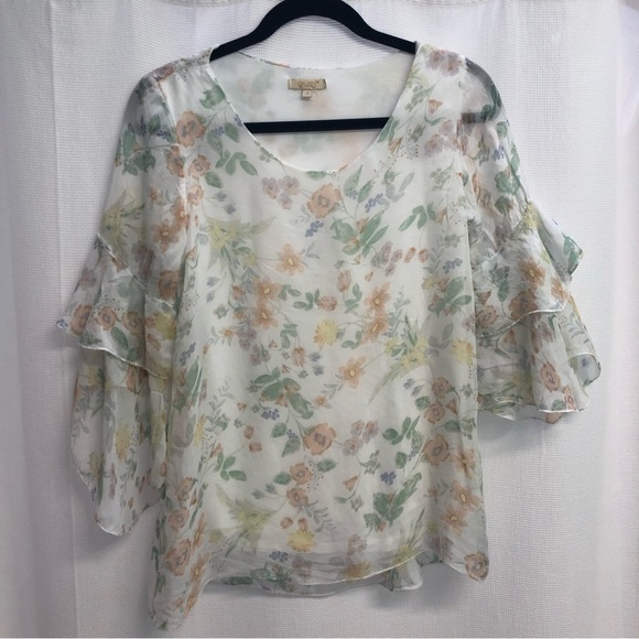 Giusy Tops - - Giusy 100% Silk White Floral Sheer Boho Blouse Small romantic